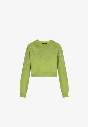 Moderní, zkrácený svetr v jasně zelené barvě, který se vyznačuje strukturovaným pleteným designem s jemnými diamantovými vzory a ozdobami.