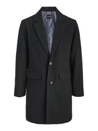 Palton din lână neagră, cu guler cu urechi, închidere cu un singur nasture, două buzunare frontale și căptușeală interioară din satin.