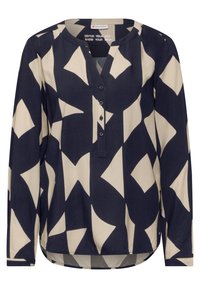 Marineblaue Bluse mit cremefarbenem abstraktem Muster, V-Ausschnitt, langen Ärmeln und Knopfleiste. Weicher, leichter Stoff mit leicht lockerem Sitz.