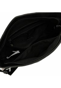 Black leather handbag interior with multiple compartments, including a zippered section. Smooth texture, minimal hardware, and soft lining.