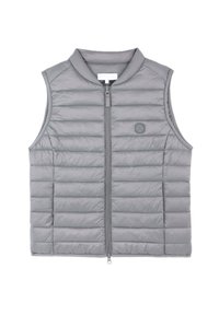 Gilet imbottito grigio con zip frontale completa, colletto arrotondato e dettagli del logo discreti. Il tessuto ha una texture liscia e leggermente lucida.