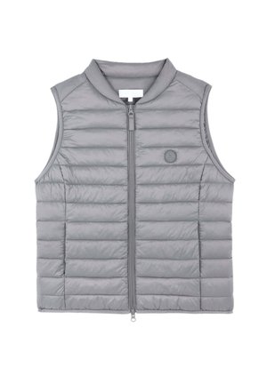 Gilet imbottito grigio con zip frontale completa, colletto arrotondato e dettagli del logo discreti. Il tessuto ha una texture liscia e leggermente lucida.
