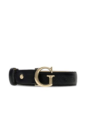 Ceinture en cuir noir avec motif embossé et grande boucle dorée en forme de lettre G sur fond blanc.