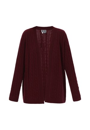 Cardigan rosso borgogna a maglia cable con apertura frontale, maniche lunghe e bordi a costine. Texture morbida con una vestibilità ampia e rilassata.