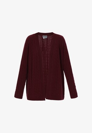 Burgunderfarbener Strickcardigan mit offener Vorderseite, langen Ärmeln und gerippten Kanten. Weicher Stoff mit einem lockeren, lässigen Schnitt.