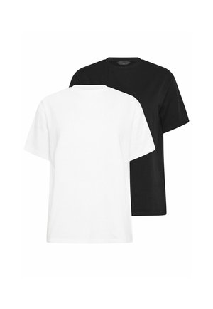 T-shirts unis à manches courtes et col rond en noir et blanc, présentés superposés sur un fond blanc.