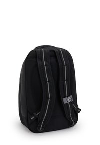 Black backpack with padded mesh back, adjustable straps featuring gray reflective accents, and logo patch. Compact, durable design.