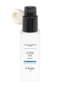 Weißes rechteckiges Fläschchen mit einem schwarzen Pumpenkappen. Das Etikett zeigt schwarzen und blauen Text. Eine helle Creme sitzt am Rand der Kappe.