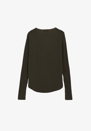 Longsleeve in donkerolijfgroen, met een ronde halslijn, gladde textuur, licht gebogen zoom en minimale stikdetails.