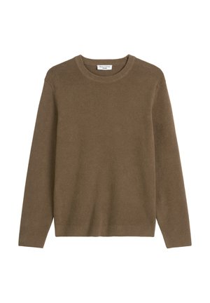 Pull en maille côtelée marron avec un col rond et des manches longues. Fabriqué en matériau doux, il présente une coupe décontractée sans motifs visibles.