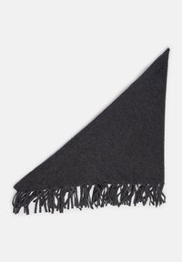 Grijze driehoekige sjaal van zacht materiaal met franjes aan de randen. De sjaal heeft een gladde textuur en een subtiel, uniform patroon.