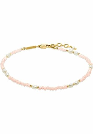 Bracelet délicat avec de petites perles roses, des perles blanches et des accents dorés, doté d'un fermoir homard en or et d'une chaîne réglable.