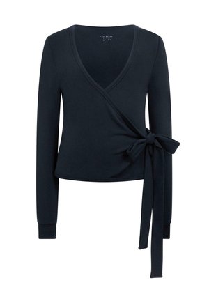 Marineblauw wikkelshirt met lange mouwen gemaakt van gladde stof, met een V-hals, strikdetail aan de voorkant en een aansluitende pasvorm.