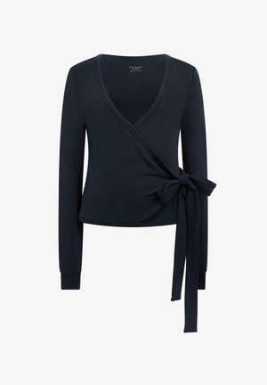 Marineblauw wikkelshirt met lange mouwen gemaakt van gladde stof, met een V-hals, strikdetail aan de voorkant en een aansluitende pasvorm.
