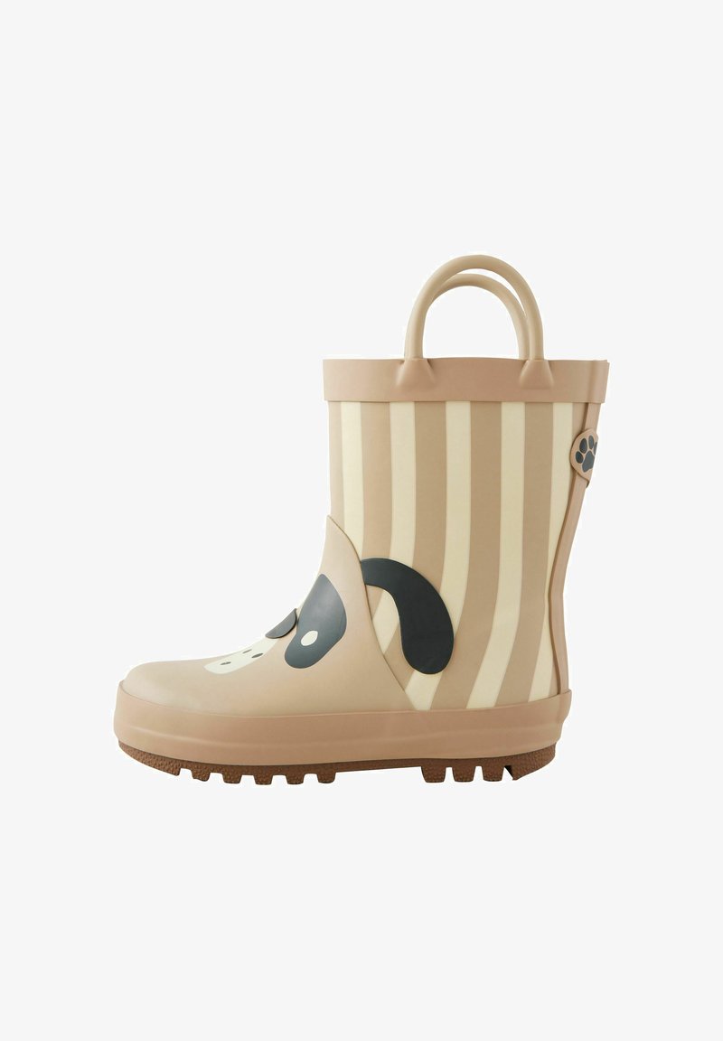 Bottines en caoutchouc beiges avec de légères rayures, arborant un visage de chien en dessin animé. Bout rond, semelle texturée et deux poignées pour un enfilage facile.