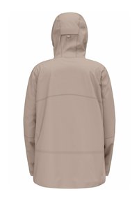 Beige waterproof jacket with a hood, featuring a smooth texture, contrasting stitch lines, and a relaxed fit. No visible pockets or hardware.