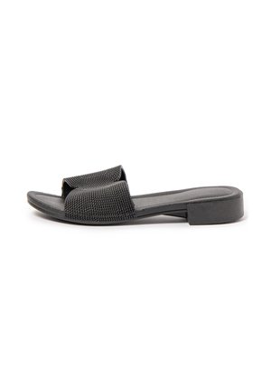 Black slip-on sandal with textured wide strap, flat sole, and low block heel shown on white background.