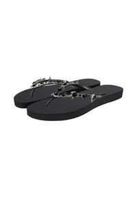 Black flip-flops with textured soles, featuring a decorative strap embellished with silver and black stones, designed for casual wear.
