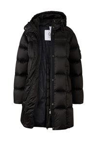 Černá péřová bunda s kapucí, se zipem vpředu, patkami a prošívanou texturou. Obsahuje podšívku a kapsy.