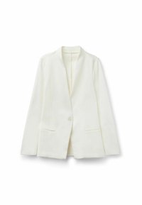 Witte blazer met een geknipte kraag, sluiting met één knop, twee voorkruiszakken en lange mouwen. Glad materiaal met een getailleerde pasvorm.
