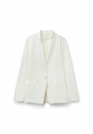 Blazer blanc avec un col cranté, fermeture à un bouton, deux poches avant et manches longues. Tissu lisse avec une coupe ajustée.