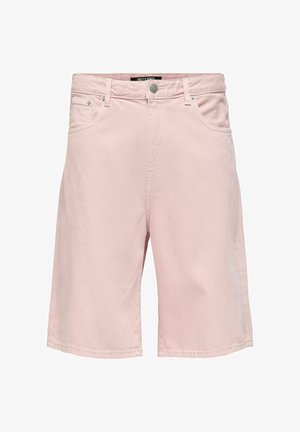 Hellrosa Jeans-Shorts knielang mit fünf Taschen, Gürtelschlaufen und einem vorderen Knopf- und Reißverschluss.