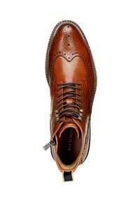 Stivale in pelle marrone con design a punta di ala, dettagli perforati, lacci marroni e una cerniera decorativa sul lato, con un accento beige.