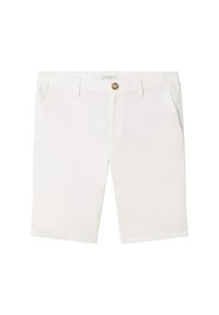 White cotton shorts featuring a button closure, two front pockets, and a straight cut. Smooth texture with a clean, minimal design.