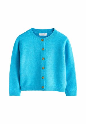 Cardigan tricoté bleu vif à manches longues, col rond et six boutons marron sur le devant.
