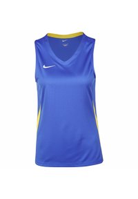 Sininen, hihaton urheilupaita V-kauluksella, jossa keltaiset sivukoristeet ja valkoinen Nike-logo rinnassa. Sileää, kevyttä kangasta.