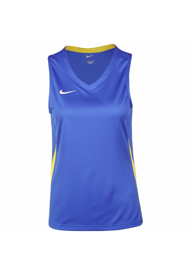 Sininen, hihaton urheilupaita V-kauluksella, jossa keltaiset sivukoristeet ja valkoinen Nike-logo rinnassa. Sileää, kevyttä kangasta.