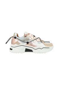 Multikleurige platform sneakers met metallic roségouden en zilveren accenten, textielstof, zwart-witte veter en een chunky witte zool.