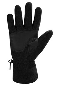 Schwarze Handschuhe mit einer strukturierten synthetischen Handfläche und Bündchen. Der Stoff wirkt dick und warm, mit einer engen Passform und minimalistischem Design.