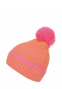 Knit beanie with orange and pink vertical stripes, folded pink brim, and large fluffy pink pom-pom on top.