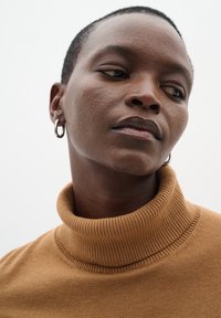 Brun strikket rullekrave-trøje med ribkant, kombineret med en sølv ørering, sat mod en neutral baggrund.