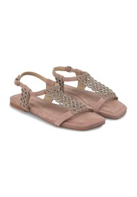 Różowe zamszowe sandały na płaskiej podeszwie, z ozdobnymi, koralikowymi paskami i kwadratowym noskiem. Zaprojektowane z klamrą na kostkę dla pewnego dopasowania.