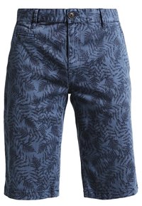 Blå shorts i mjukt tyg med ett mörkt ormbunksmönster. Midja i normalhöjd med knappstängning fram och en sidoficka på vänster sida.