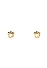Pendientes en tono dorado con forma de huella de pata, presentan tres piedras preciosas transparentes brillantes incrustadas en el diseño. Acabado metálico suave.