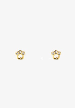 Pendientes en tono dorado con forma de huella de pata, presentan tres piedras preciosas transparentes brillantes incrustadas en el diseño. Acabado metálico suave.