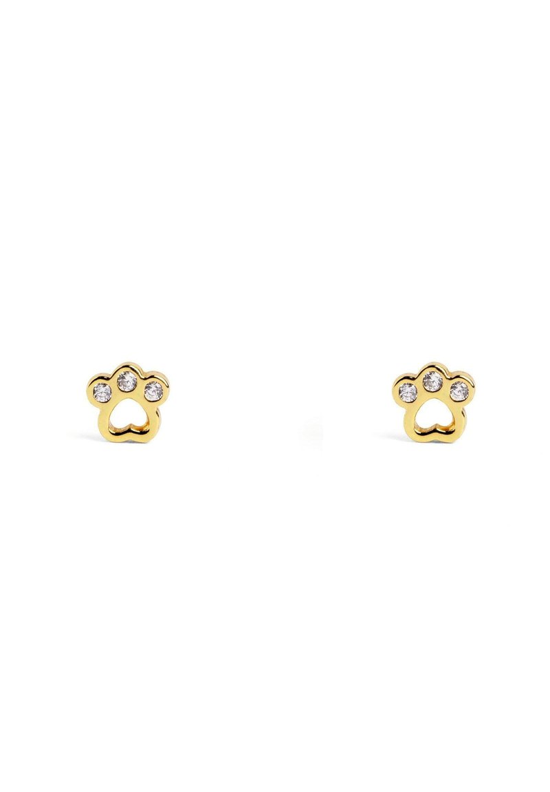 Pendientes en tono dorado con forma de huella de pata, presentan tres piedras preciosas transparentes brillantes incrustadas en el diseño. Acabado metálico suave.