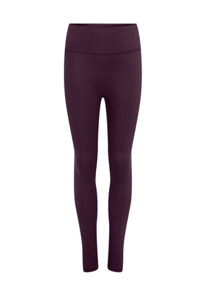 Dark purple high-waisted full-length leggings with smooth fabric and no visible patterns or logos on a white background.