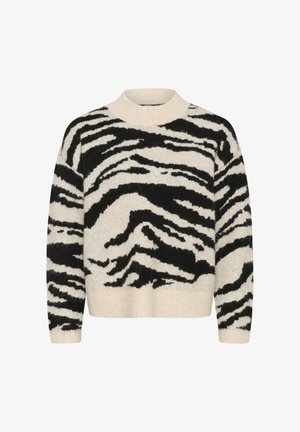 Suéter de punto en crema con rayas de tigre negras. Presenta un cuello redondo y puños acanalados. Textura suave con un ajuste relajado.