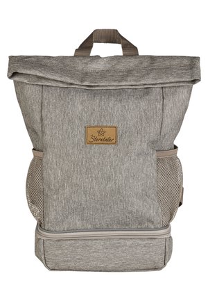 Gray fabric backpack with a roll-top design, brown leather logo patch, mesh side pockets, and a sturdy handle on top.