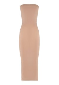 Abito bodycon senza spalline di colore nude. Tessuto morbido, forma aderente, lunghezza al ginocchio, design senza cuciture con scollatura dritta.