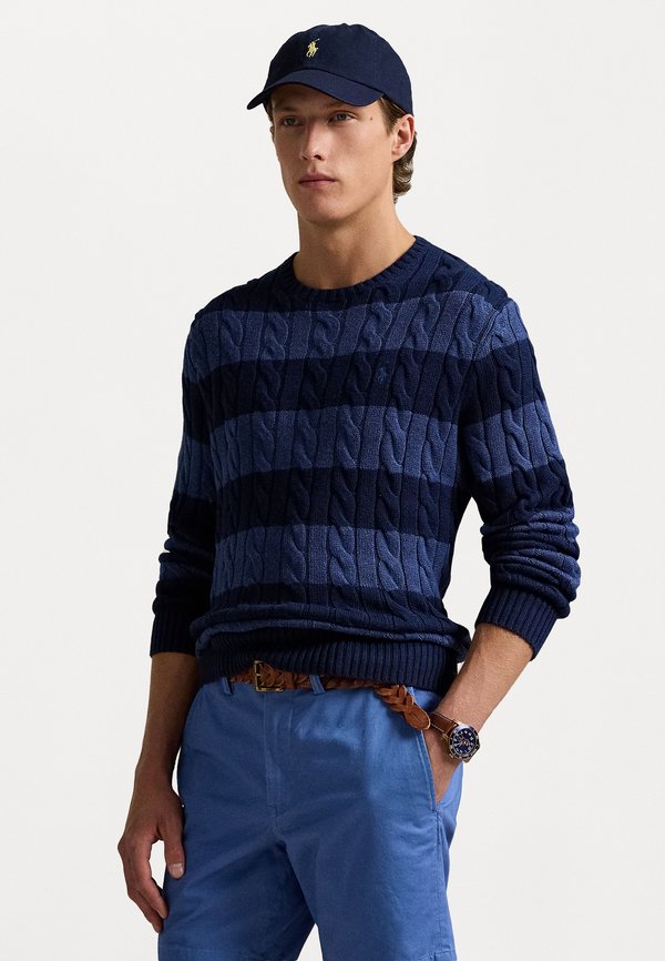 STRIPED CABLE KNIT COTTON SWEATER - Jumper