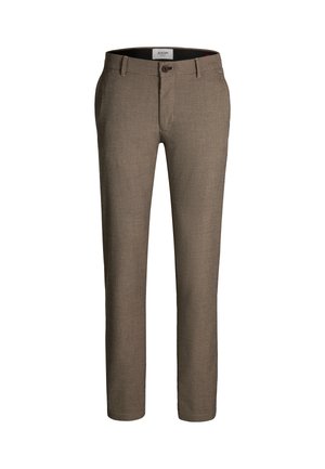 Braune, maßgeschneiderte Hosen aus einem strukturierten Stoff mit einem Knopfverschluss an der Taille. Verfügt über gerade Beine und ein minimalistisches Design.