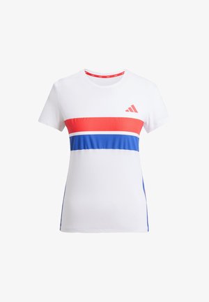White athletic t-shirt featuring red and blue horizontal stripes, round neckline, short sleeves, and a logo on the chest.