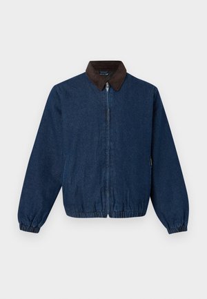 Veste zippée bleu foncé avec poignets et ourlet élastiques, dotée d'un col en velours côtelé marron.