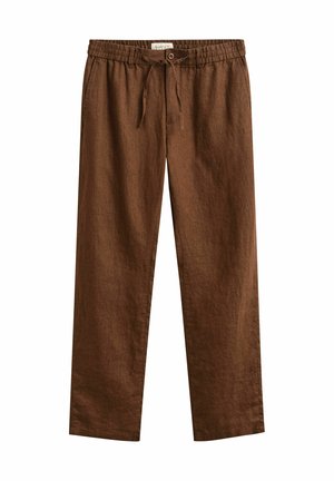 Pantaloni in lino marrone con vita elasticizzata, coulisse in tessuto, chiusura con bottone e taglio a gamba dritta, mostrati su sfondo bianco.