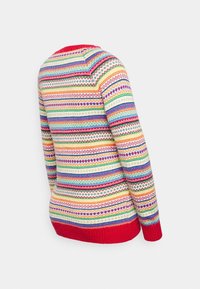 Un pull en tricot coloré présentant une variété de rayures horizontales en rouge, bleu, jaune et vert. Poignets et ourlet côtelés. Texture douce.